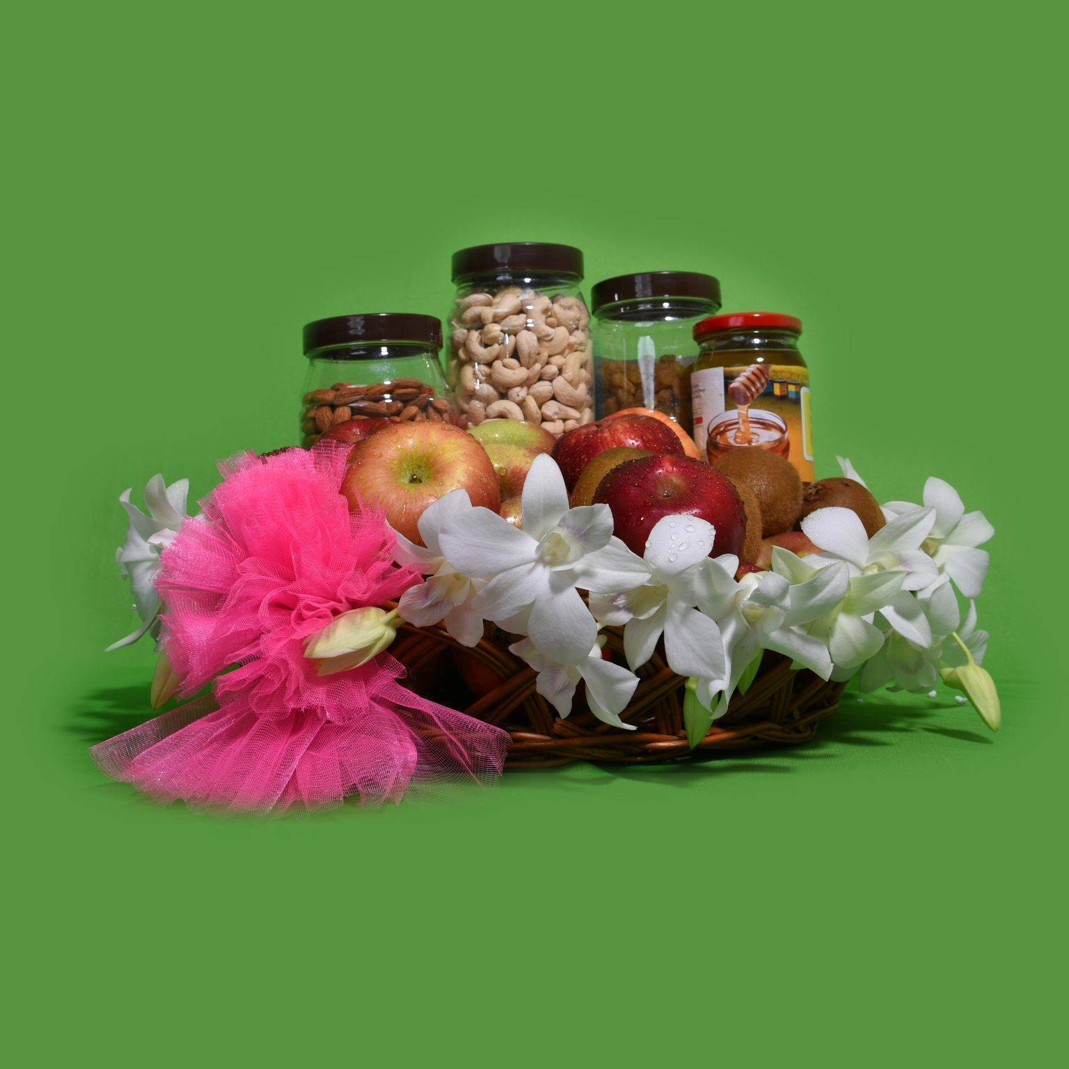 Dry Fruits basket with white Orchid Farmerica