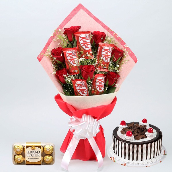 Kit Kat Bouquet with Ferrero Rocher & Chocolate Cake