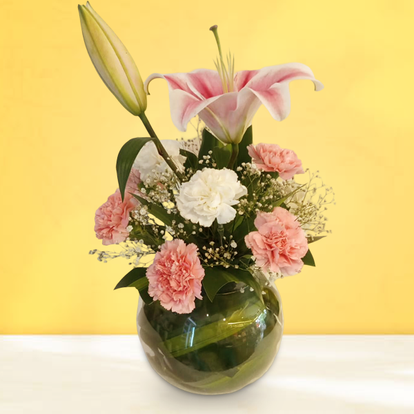 Carnation & Lily Arrangement in Glass Vase