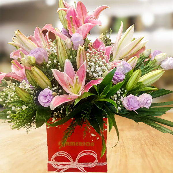 Lily & Eustoma Floral Arrangement in Red Box