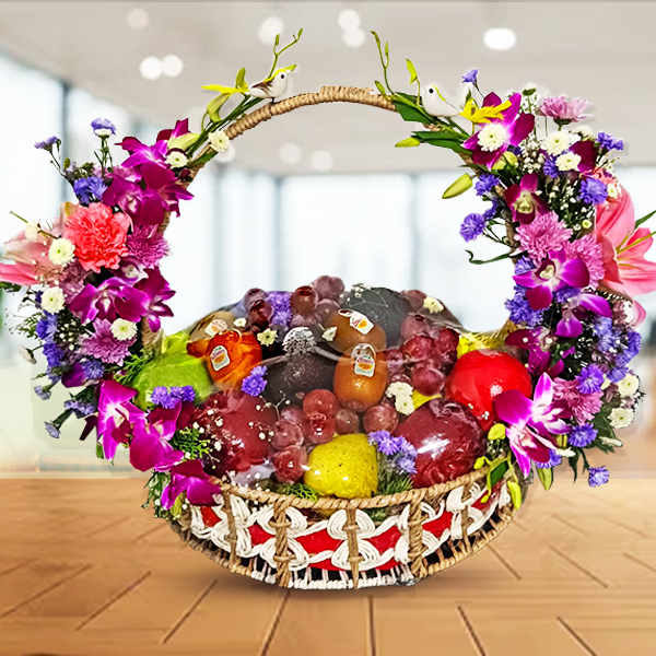Elegant Fruit and Flower Gift Basket-