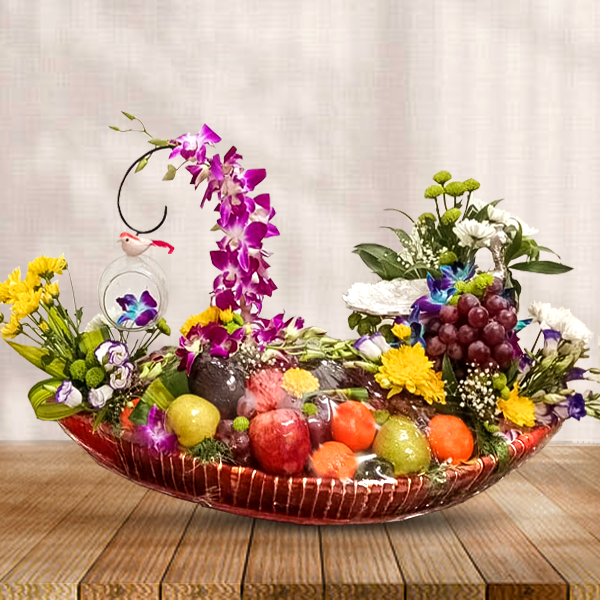 Elegant Floral & Fruit Gift Basket Arrangement